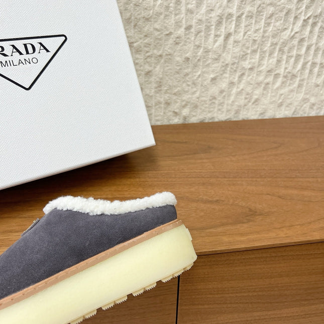 PRADA 25S PLATFORM FUR-LINED MULES IN DARK GREY SUEDE