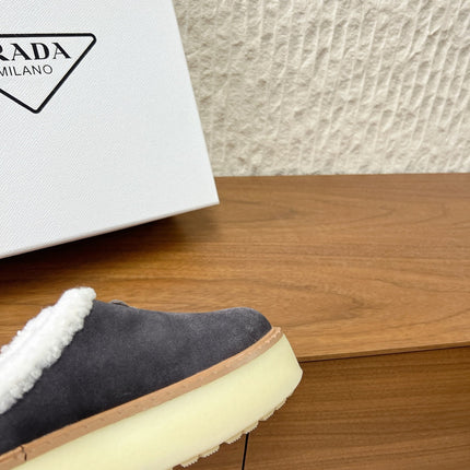 PRADA 25S PLATFORM FUR-LINED MULES IN DARK GREY SUEDE