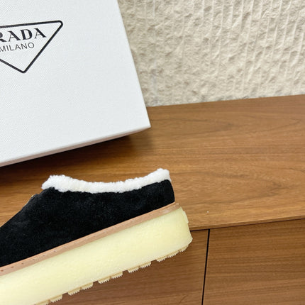 PRADA 25S PLATFORM FUR-LINED MULES IN BLACK SUEDE