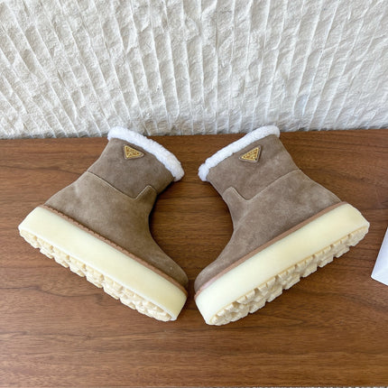PRADA 25S ANKLE BOOTS 40 MM IN TAUPE BROWN SUEDE SHEARLING-LINED