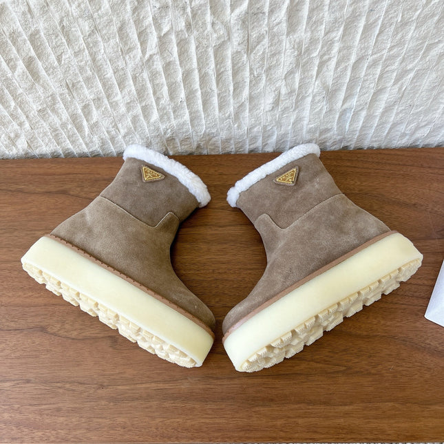 PRADA 25S ANKLE BOOTS 40 MM IN TAUPE BROWN SUEDE SHEARLING-LINED