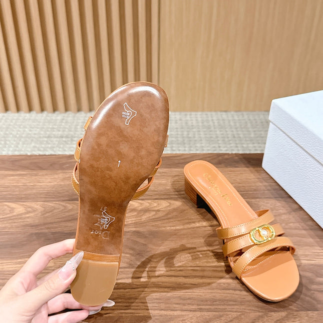 DIOR 26S MID HEEL SANDALS IN CARAMEL BROWN CALFSKIN MULTI STRAP GOLD HARDWARE