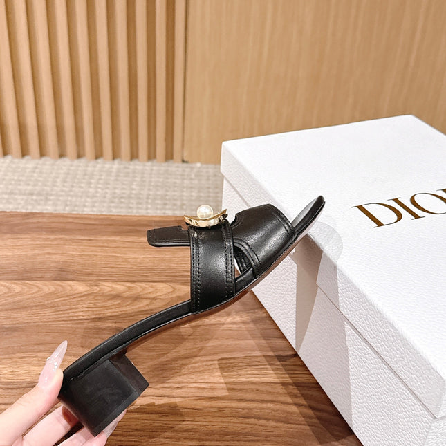 DIOR 26S LOW HEEL SLIDE SANDALS IN BLACK CALFSKIN GOLD PEARL BUCKLE