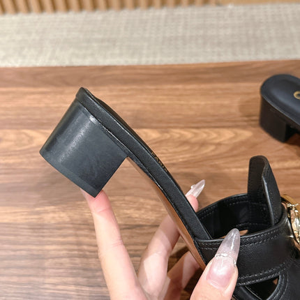 DIOR 26S LOW HEEL SLIDE SANDALS IN BLACK CALFSKIN GOLD PEARL BUCKLE