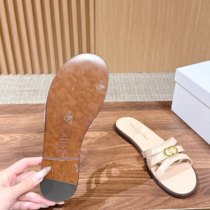 DIOR 26S MULTI STRAP SLIDE SANDALS IN BEIGE CALFSKIN GOLD BUCKLE