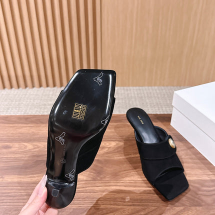 THE ROW 26S BUTTON DETAIL MULE SANDALS IN BLACK SUEDE