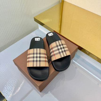 BURBERRY 26S SLIDES SANDAL IN BLACK BEIGE CALFSKIN