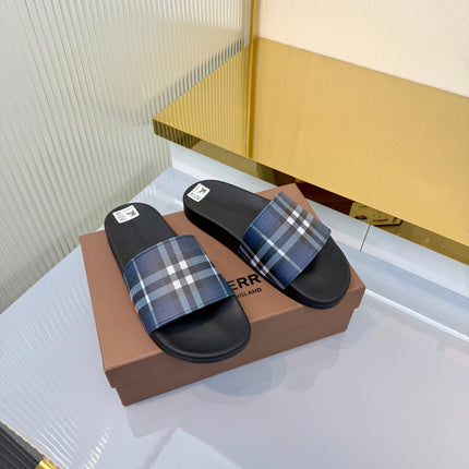 BURBERRY 26S SLIDES SANDAL IN BLACK BLUE CALFSKIN