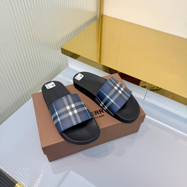 BURBERRY 26S SLIDES SANDAL IN BLACK BLUE CALFSKIN