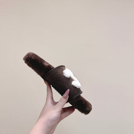 CHANEL 25S FUR SLIPPERS DOUBLE-LAYERED IN DARK BROWN WITH WHITE CC LOGO