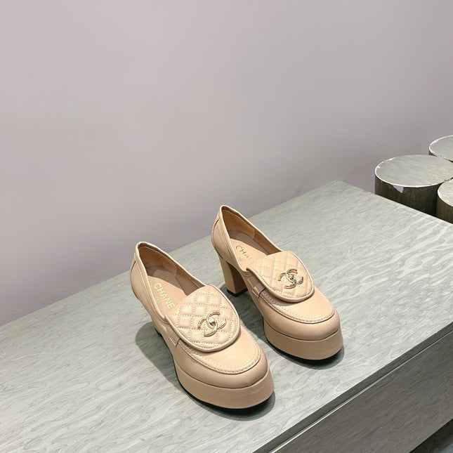 CHANEL 25S HIGH-HEELED MOCCASINS 80MM IN LIGHT TAN CALFSKIN GOLD HARDWARE