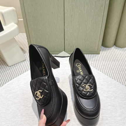 CHANEL 25S HIGH-HEELED MOCCASINS 80MM IN BLACK CALFSKIN GOLD HARDWARE