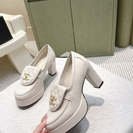 CHANEL 25S HIGH-HEELED MOCCASINS 80MM IN WHITE CALFSKIN GOLD HARDWARE