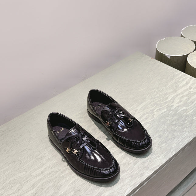 CELINE 26S LACE-UP LOAFERS IN BLACK GLOSSY CALFSKIN