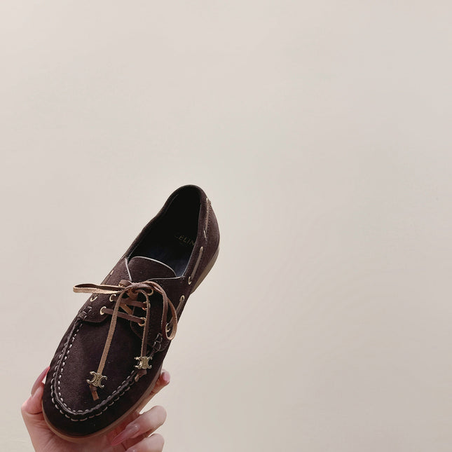 CELINE 26S LACE-UP LOAFERS IN DARK BROWN SUEDE
