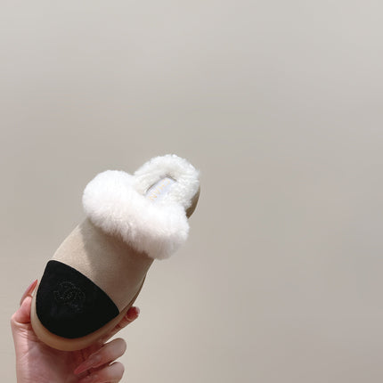 CHANEL 25S FUR-LINED MULES IN BEIGE AND BLACK SUEDE