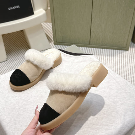 CHANEL 25S FUR-LINED MULES IN BEIGE AND BLACK SUEDE
