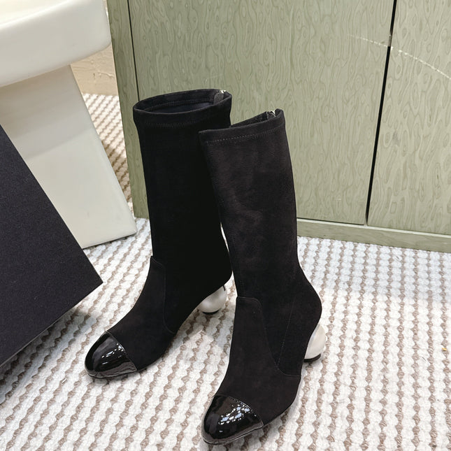CHANEL 25S PEARL BOOTS IN BLACK SUEDE AND PATENT CALFSKIN