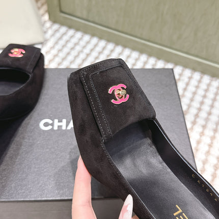 CHANEL 25S SLINGBACK SHOES 90MM IN BLACK SUEDE SQUARE TOE PINK HARDWARE