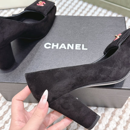 CHANEL 25S SLINGBACK SHOES 90MM IN BLACK SUEDE SQUARE TOE PINK HARDWARE
