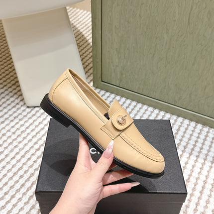 CHANEL 25S GODDESS FLAT LOAFERS IN WARM BEIGE CALFSKIN GOLD HARDWARE