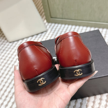 CHANEL 25S GODDESS FLAT LOAFERS IN DARK RED CALFSKIN GOLD HARDWARE