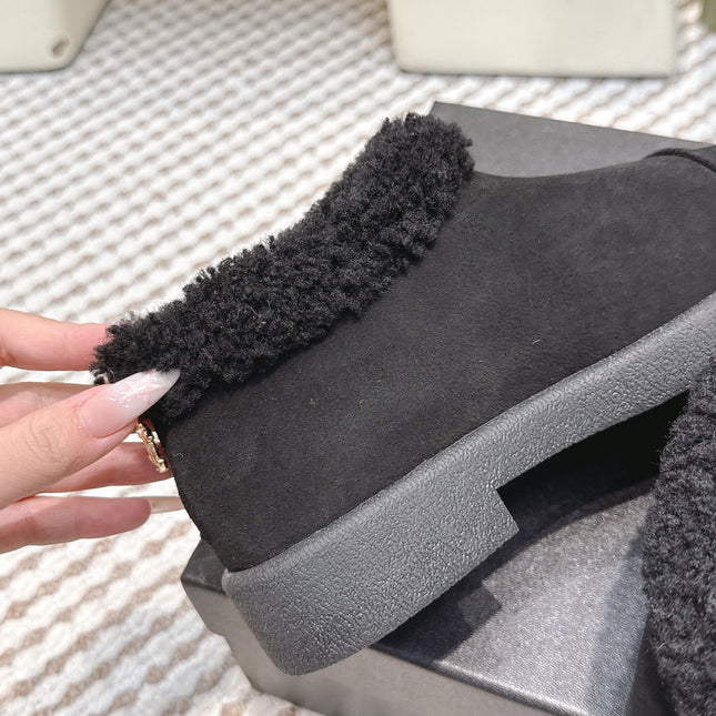 CHANEL 25S SHORT SUEDE BOOTS IN BLACK WITH SHEEPSKIN LINING