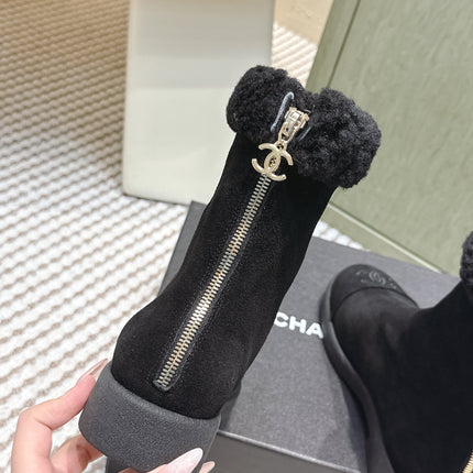CHANEL 25S CALF-HIGH BOOTS IN BLACK SUEDE LINED WITH SHEEPSKIN