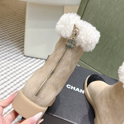 CHANEL 25S CALF-HIGH BOOTS IN BLACK AND BEIGE SUEDE LINED WITH SHEEPSKIN