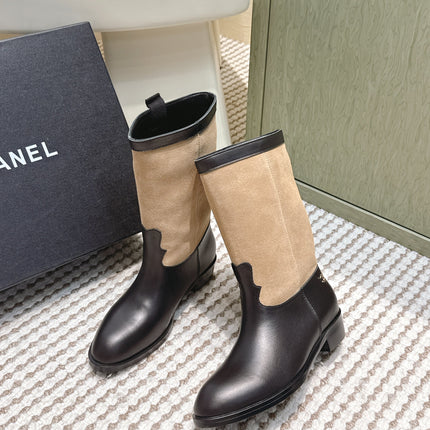 CHANEL 25S MID-CALF BOOTS IN TAN BROWN SUEDE MIX BLACK CALFSKIN