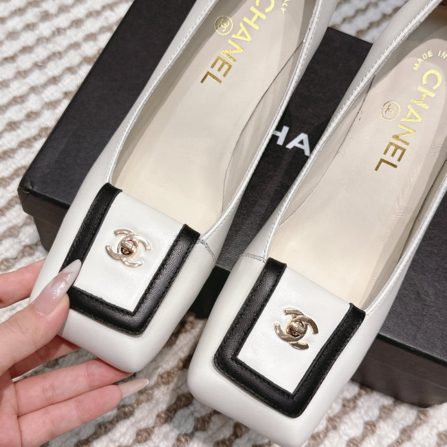 CHANEL 25S SLINGBACK SHOES 90MM IN WHITE CALFSKIN SQUARE TOE GOLD HARDWARE