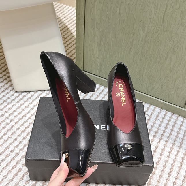 CHANEL 25S SQUARE-TOE HIGH HEELS 90MM IN BLACK CALFSKIN