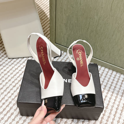 CHANEL 25S HIGH-HEELED SQUARE-TOE SLINGBACK 90MM IN WHITE AND BLACK CALFSKIN