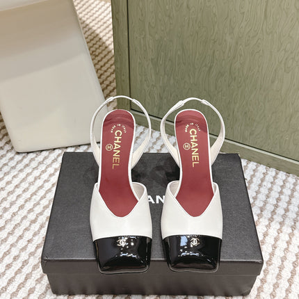 CHANEL 25S HIGH-HEELED SQUARE-TOE SLINGBACK 90MM IN WHITE AND BLACK CALFSKIN