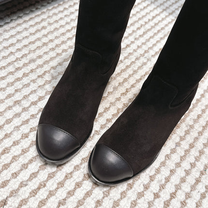 CHANEL 25S HIGH-CALF COWBOY BOOTS IN BLACK SUEDE AND CALFSKIN DIAMOND-QUILTED
