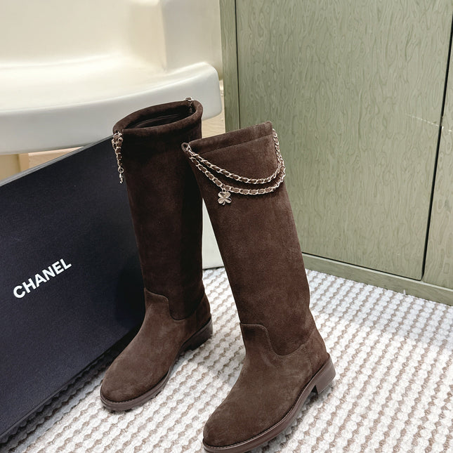 CHANEL 25S KNEE-HIGH BOOTS IN DARK BROWN SUEDE GOLD HARDWARE