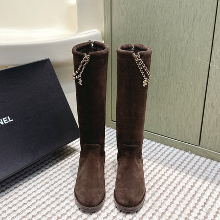 CHANEL 25S KNEE-HIGH BOOTS IN DARK BROWN SUEDE GOLD HARDWARE