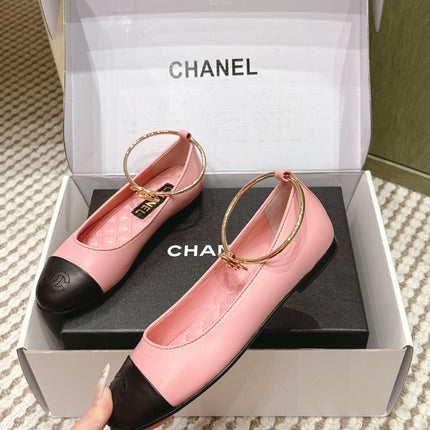CHANEL 25S BALLERINA SHOES IN PINK AND BLACK CALFSKIN GOLD HARDWARE