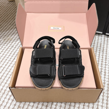 MIUMIU 26S VELCRO SANDALS IN BLACK CALFSKIN AND NYLON SILVER HARDWARE