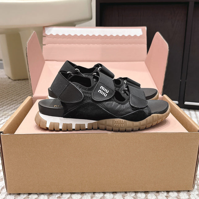 MIUMIU 26S VELCRO SANDALS IN BLACK CALFSKIN AND NYLON SILVER HARDWARE