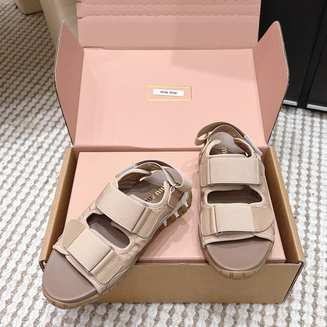 MIUMIU 26S VELCRO SANDALS IN LIGHT BROWN CALFSKIN AND NYLON SILVER HARDWARE