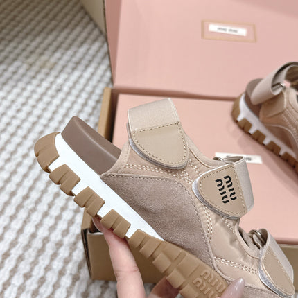 MIUMIU 26S VELCRO SANDALS IN LIGHT BROWN CALFSKIN AND NYLON SILVER HARDWARE