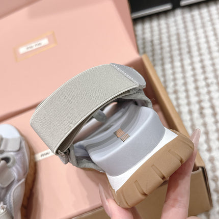 MIUMIU 26S VELCRO SANDALS IN GRAY CALFSKIN AND NYLON SILVER HARDWARE