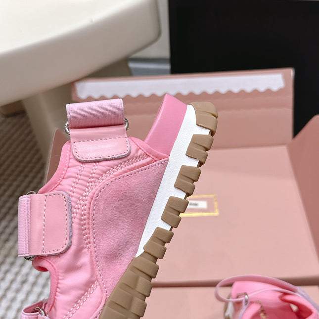MIUMIU 26S VELCRO SANDALS IN PINK CALFSKIN AND NYLON SILVER HARDWARE