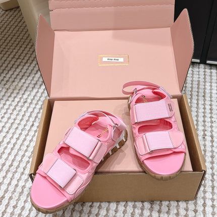 MIUMIU 26S VELCRO SANDALS IN PINK CALFSKIN AND NYLON SILVER HARDWARE