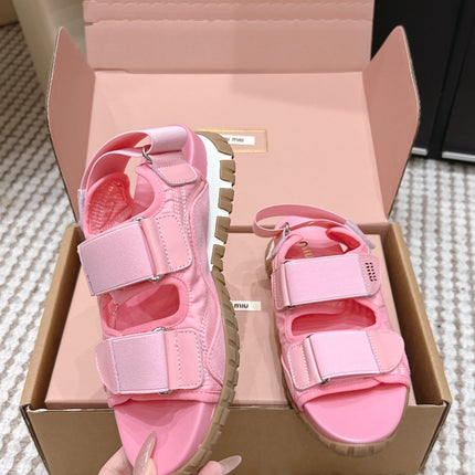 MIUMIU 26S VELCRO SANDALS IN PINK CALFSKIN AND NYLON SILVER HARDWARE