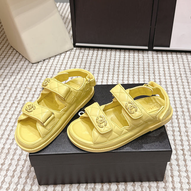 CHANEL 26S QUILTED DAD SANDALS IN YELLOW CALFSKIN