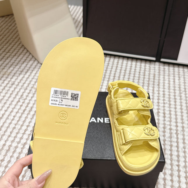 CHANEL 26S QUILTED DAD SANDALS IN YELLOW CALFSKIN