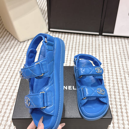 CHANEL 26S QUILTED DAD SANDALS IN BLUE CALFSKIN
