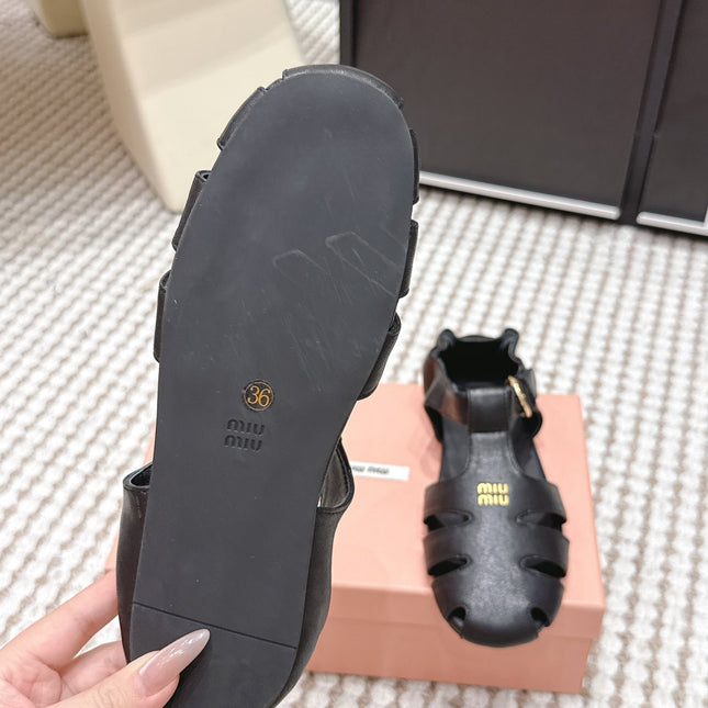 MIUMIU 26S RUCHES FISHERMAN SANDALS IN BLACK CALFSKIN GOLD HARDWARE